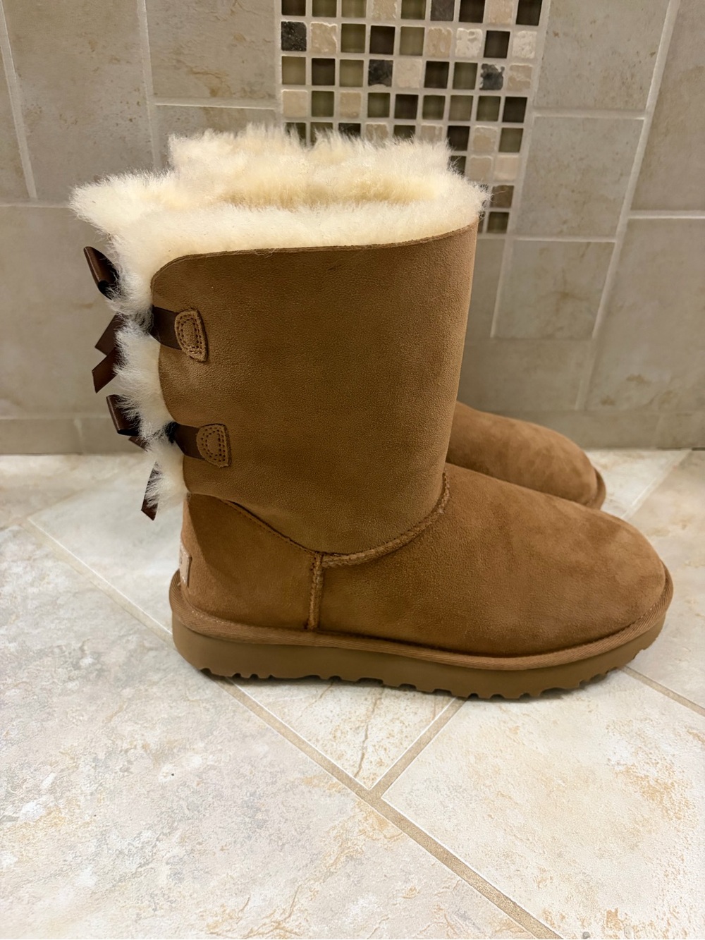 UGG Women's Chestnut Suede Shearling Back-Bow Boots - Picture 4 of 6